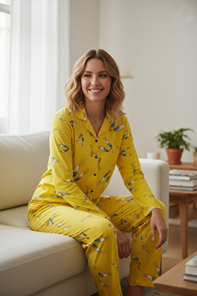 AYLEVA Sarı Civciv Twetty Süet Düğmeli Alt Üst Pijama Takımı