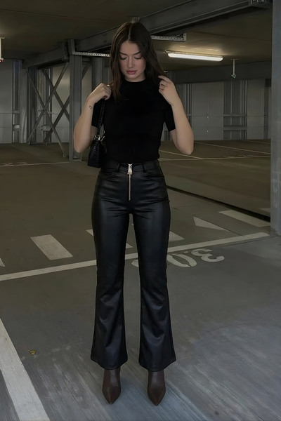 Qaju Women's Zipper Detailed Leather Trousers -Black