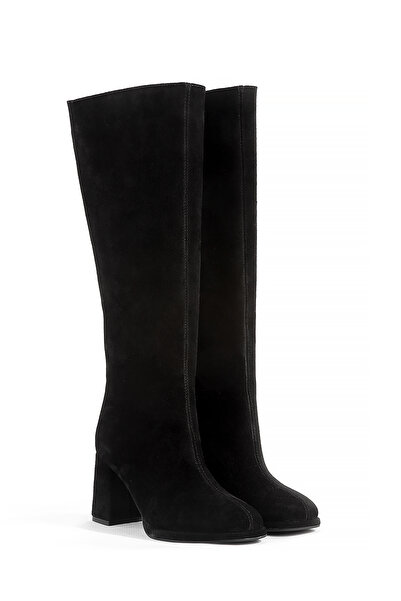 Rella SHOES Dikiş Detaylı Kalın Topuklu Kadın Şık Siyah Süet Kare Burunlu Gün...