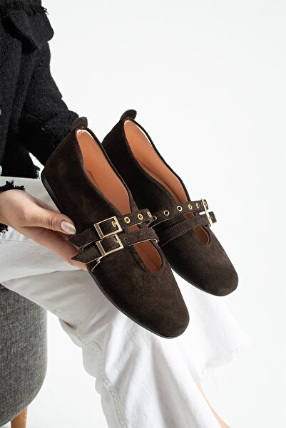 Glenz Women's Genuine Leather Suede Buckle Ballerina Casual Shoes Ts1196