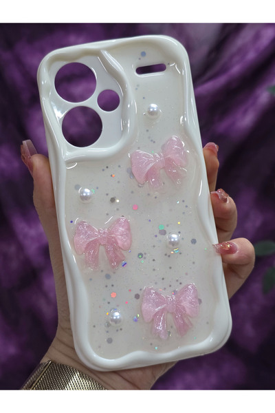 Magic Ring جراب هاتف ريدمي نوت 13 برو بلس 5G متوافق مع اللون الوردي بتصميم فيونكة وتفاصيل لؤلؤية لامعة من الإيبوكسي