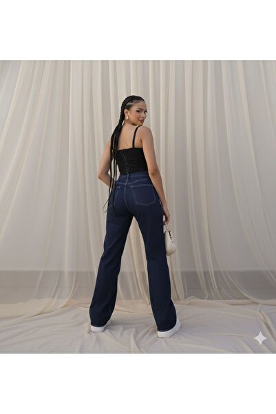 DRC trend Roman Navy Blue Stretch Fabric Super High Waist Loose Jeans Palazzo Pants