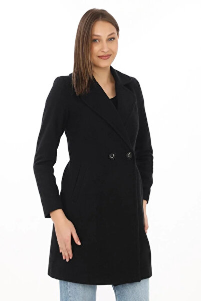 BLACK MODBLACK Women's Cardigan – Black Woolen Woven, K Double-Breasted Collar, Lined, with Pockets, with Belt, Long Length Tesset