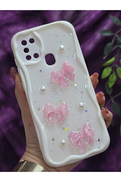 Magic Ring Samsung Galaxy A21S Compatible Pink Bow & Pearl Detailed Glittery Epoxy Phone Case