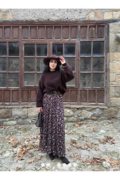 Marka Giyim Kemerli Çicekli Astarlı Şifon Etek