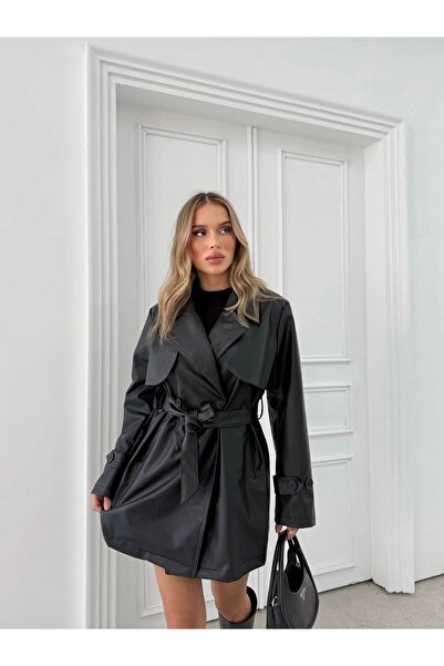 VESS MODA Жіночий короткий шкіряний тренч з коміром, рукавами та ґудзиками сп...