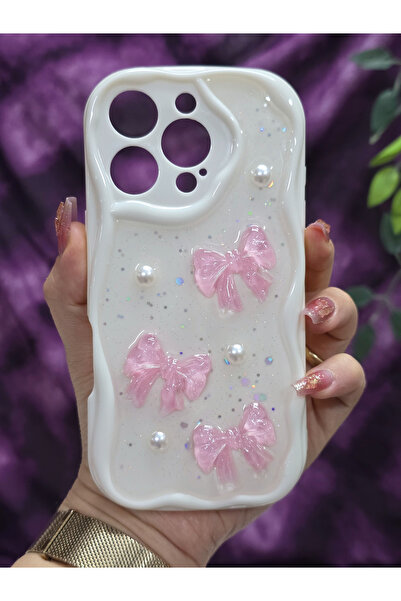 Magic Ring غطاء هاتف متوافق مع آيفون 16 برو بتصميم فيونكة وردية وتفاصيل لؤلؤي...