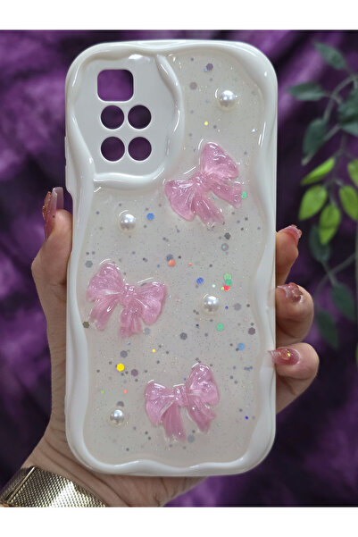 Magic Ring حافظة هاتف ريدمي 10 2022 المتوافقة مع اللون الوردي مع تفاصيل فيونكة وآلئ من الإيبوكسي اللامع