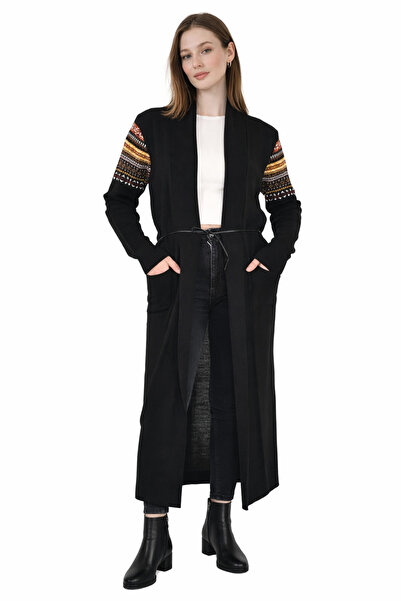 MISSRUBA كارديجان طويل منقوش باللون الأسود للنساء - KH0001