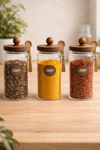 Kitchen Way طقم برطمانات توابل من أكاسيا مكون من 3 قطع مع غطاء وملعقة سعة 1200 مل طراز KW-737