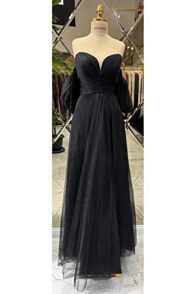 Hanımefendi Giyim Düşük Kol Kalp Yaka Tül Piliseli Tasarım Uzun Abiye Elbise