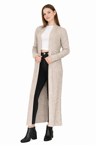 MISSRUBA Kadın Krem Fitilli Uzun Hırka - FH0001