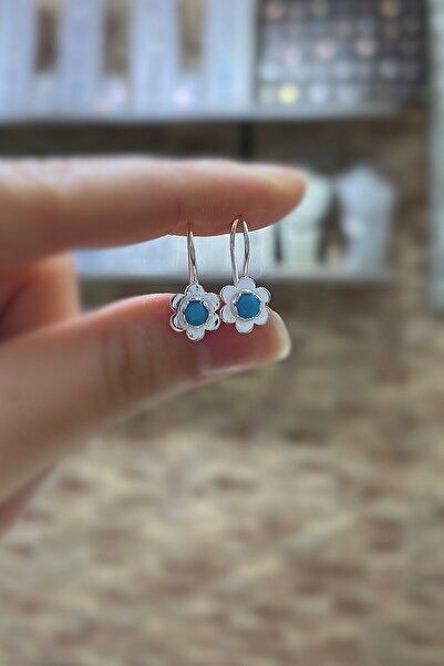 Erer Gümüş Gümüş firuze taşlı çiçek model Çocuk küpesi