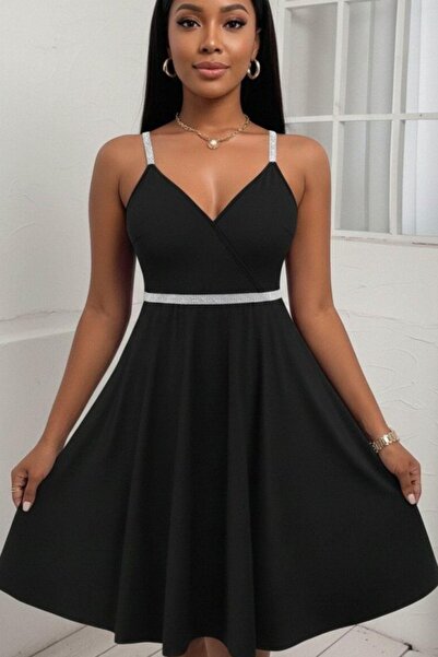 Mossta V-Neck Mini Flared Crepe Dress - Black