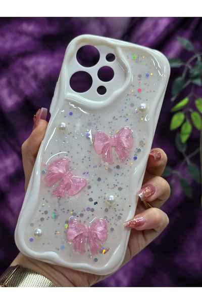 Magic Ring Redmi 12 Compatible Pink Bow & Pearl Detailed Glittery Epoxy Phone Case