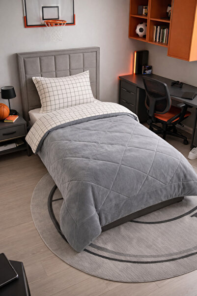 tekstildiyarı Single Double-Sided Welsoft Quilt Set with Pillowcases White Square