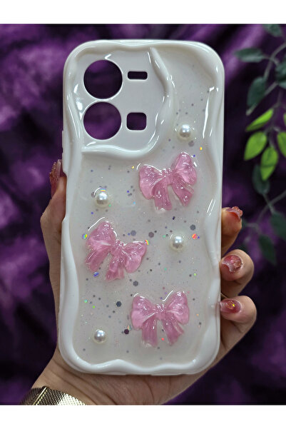 Magic Ring Vivo Y35 4G Uyumlu Pembe Fiyonk & İnci Detaylı Simli Epoksi Telefo...