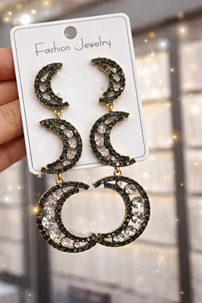 Çelik Ay formu taşlı küpe