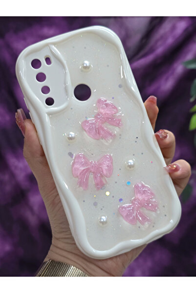 Magic Ring Redmi Note 8 Uyumlu Pembe Fiyonk & İnci Detaylı Simli Epoksi Telefon Kılıfı