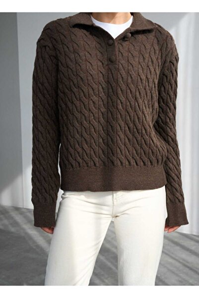 QUSTYLE Women's Coffee Hair Knit Polo Neck Buttoned Knitwear Sweater