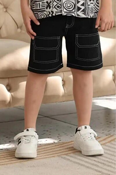 Alesaei-mondo tondo شورت ولادي اسود بخيوط بيضاء 4129