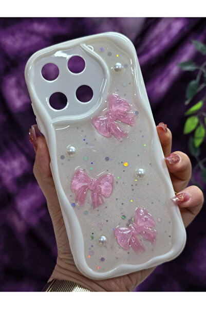 Magic Ring Realme 11 4g Compatible Pink Bow & Pearl Detailed Glittery Epoxy Phone Case