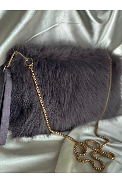 Nurf Peluş Kürk Zincir Askılı El Çantası Omuz & Çapraz Çanta Gri