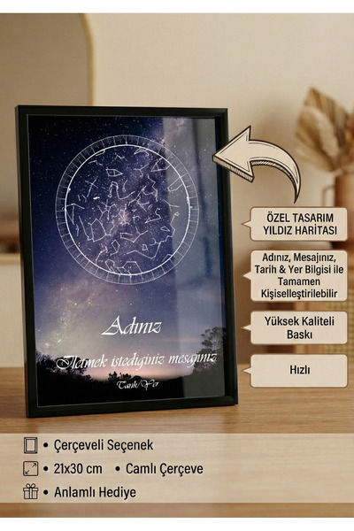 botanica Kişiye Özel Yıldız Haritası - Sevgiliye Sevgililer Günü Hediyesi Çer...