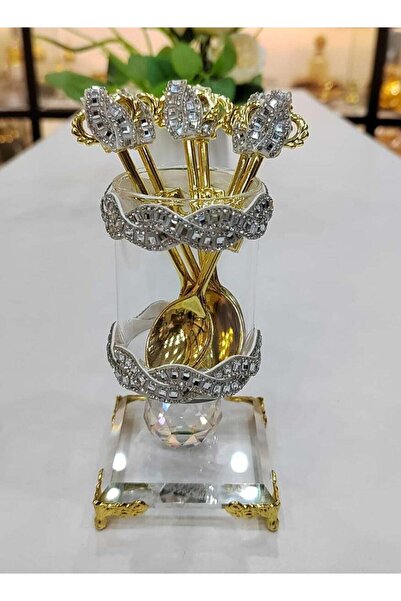 Damanhoor 6-Piece Handmade Design Gold Stainless Steel Dessert Spoons Set with Moving Glass Holder