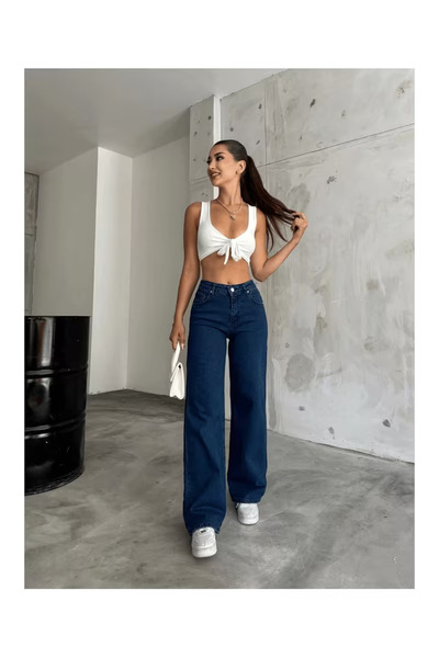 mooishan Beatris Navy Blue High Waist Liralı Fabric Wide Leg Denim Trousers:L...