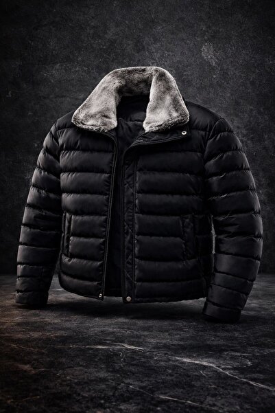 BASEL.CO Men's Grey Fur Detail Chic Puffer Jacket - Thick and Aesthetic