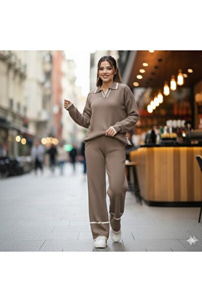 peri tower New Season V-Neck Mink Stripe Bottom-Top Knitwear Set 0056