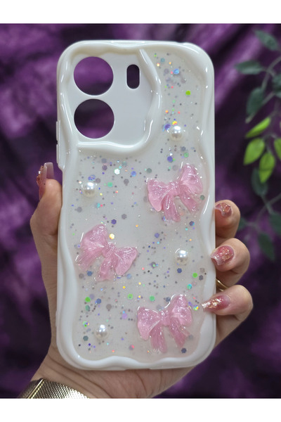 Magic Ring Redmi 13C Compatible Pink Bow & Pearl Detailed Glitter Epoxy Phone Case