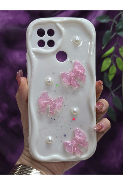 Magic Ring Oppo A15S / Oppo A15 Compatible Pink Bow & Pearl Detailed Glittery Epoxy Phone Case