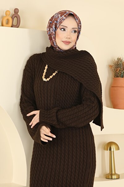 ModaMerve Atkı Detaylı Triko Elbise 2776AYD574-MS Kahve