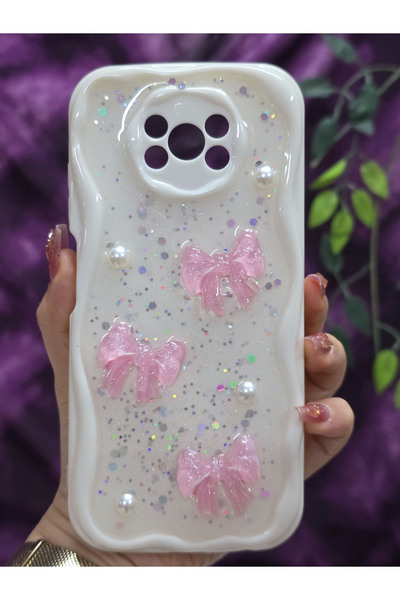 Magic Ring Poco X3 Pro / Poco X3 Nfc Uyumlu Pembe Fiyonk & İnci Detaylı Simli Epoksi Telefon Kılıfı