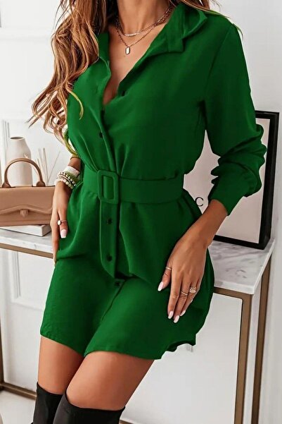 Mossta Belted Mini Imported Crepe Dress - Green