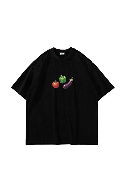 Sekizbiraltı Tomato Pepper Eggplant Printed Oversized Unisex Black Tshirt