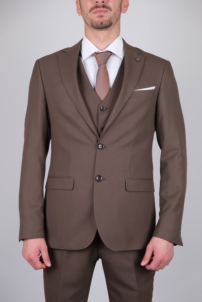 SERKAN SEVİNÇ Slim Fit Erkek Yelekli Dokulu Mono Yaka Takım Elbise
