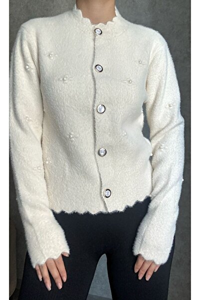 Aure Store İnci Detaylı Sakal İp Düğmeli Triko Hırka Kadın