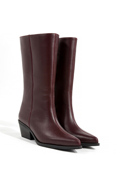 Rella SHOES Dikiş Detaylı Kalın Topuklu Sivri Burunlu Hakiki Deri Bordo Cilt ...