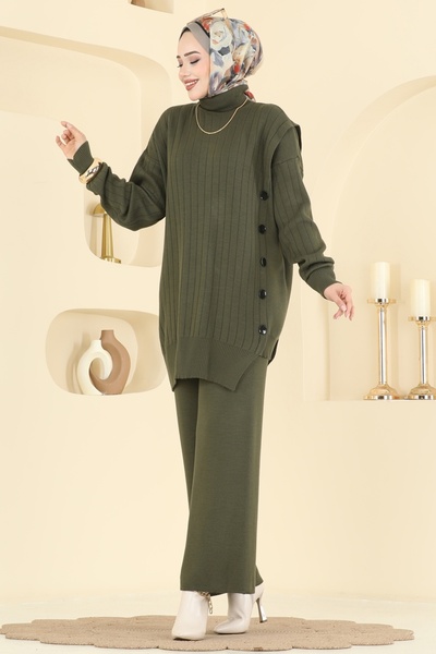 ModaMerve Düğme Detaylı Triko Takım 2775AYD574-MS Haki
