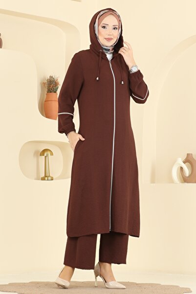 ModaMerve Önden Fermuarlı Aeroobin Takım PL9189-MS Kahve