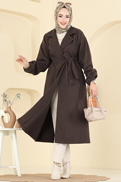 ModaMerve Beli Kuşaklı Kaşe Kaban 2059ERK1158-MS Kahve