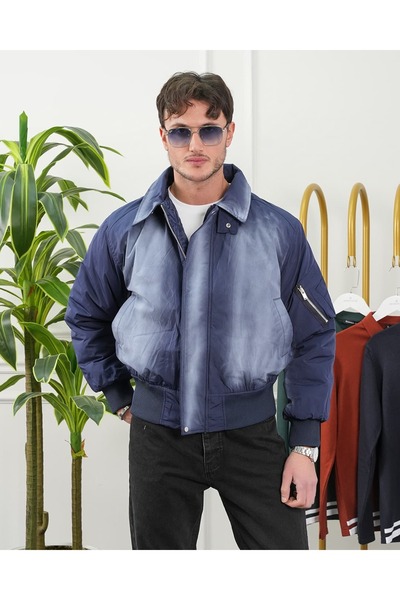 MODEFENDİ Erkek Saks Mavisi Cep Detaylı Regular Fit Fermuarlı Bomber kemer Üs...