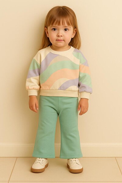 RAPAPA Set de pijama pentru fete, tricou piese, cu cu căptușeală din fleece fire, cu modele pastel, și pantaloni de pijama albastru mentă – 10769