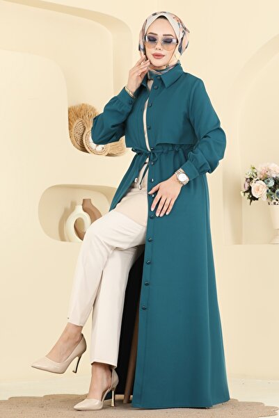 ModaMerve Gömlek Yaka Dabıl Elbise PL9199-MS Petrol