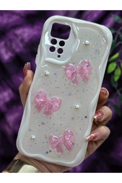 Magic Ring جراب هاتف من الإيبوكسي اللامع بتفاصيل فيونكة وردية ولؤلؤية متوافق مع ريدمي نوت 11 برو/نوت 12 برو 4G