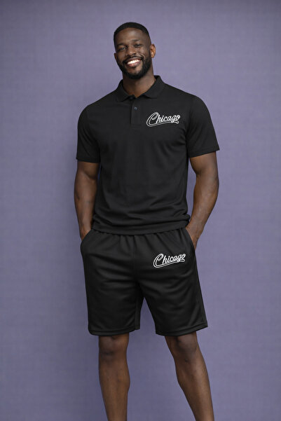 NOFLEN Ανδρικό σετ σορτς με γιακά πόλο με στάμπα Chicago