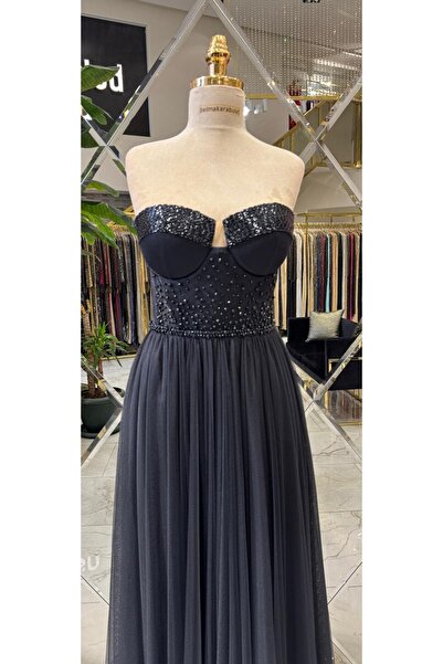 Hanımefendi Giyim Strapless Beading Black Tulle Evening Dress